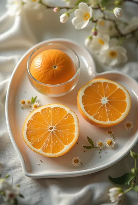 Three crystal clear oranges (transparency 1.5) are placed in a plate shaped like a heart. The texture of transparent glass, the transparent transition from the center to the outside, reflects beautiful light and shadow. There are some small flowers and pla...