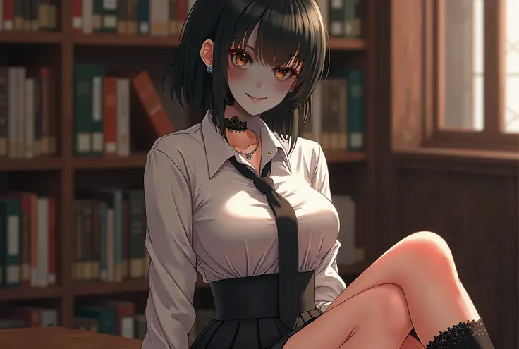  Arab Anime Style with brown skin ,  dark amber green eyes ,  Chanel haircut black ,  dressed in school uniform with high pleated skirt with covered waist,  White shirt with buttons ,  school uniform long tie , Lace choker, socks with black garters ,  blac...