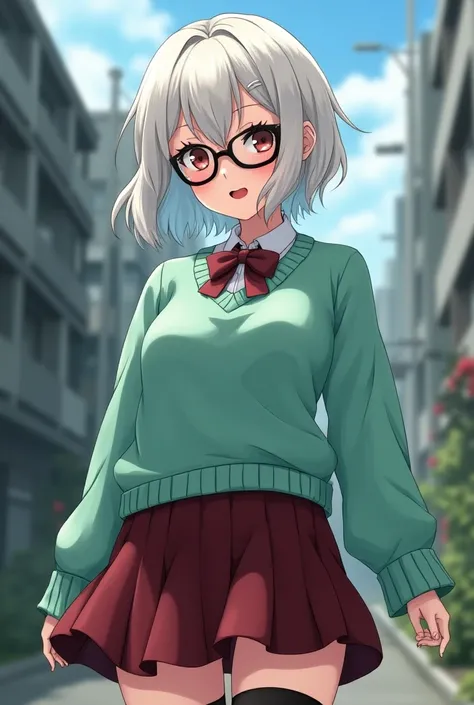 A girl with short wavy pearly white hair, ruby ​​red eyes, pink lips, porcelain white skin, slim build, and medium sized breasts. She wears black aviator cat eye style glasses and a Japanese schoolgirl uniform with an oversized mint green sweater, dark red...