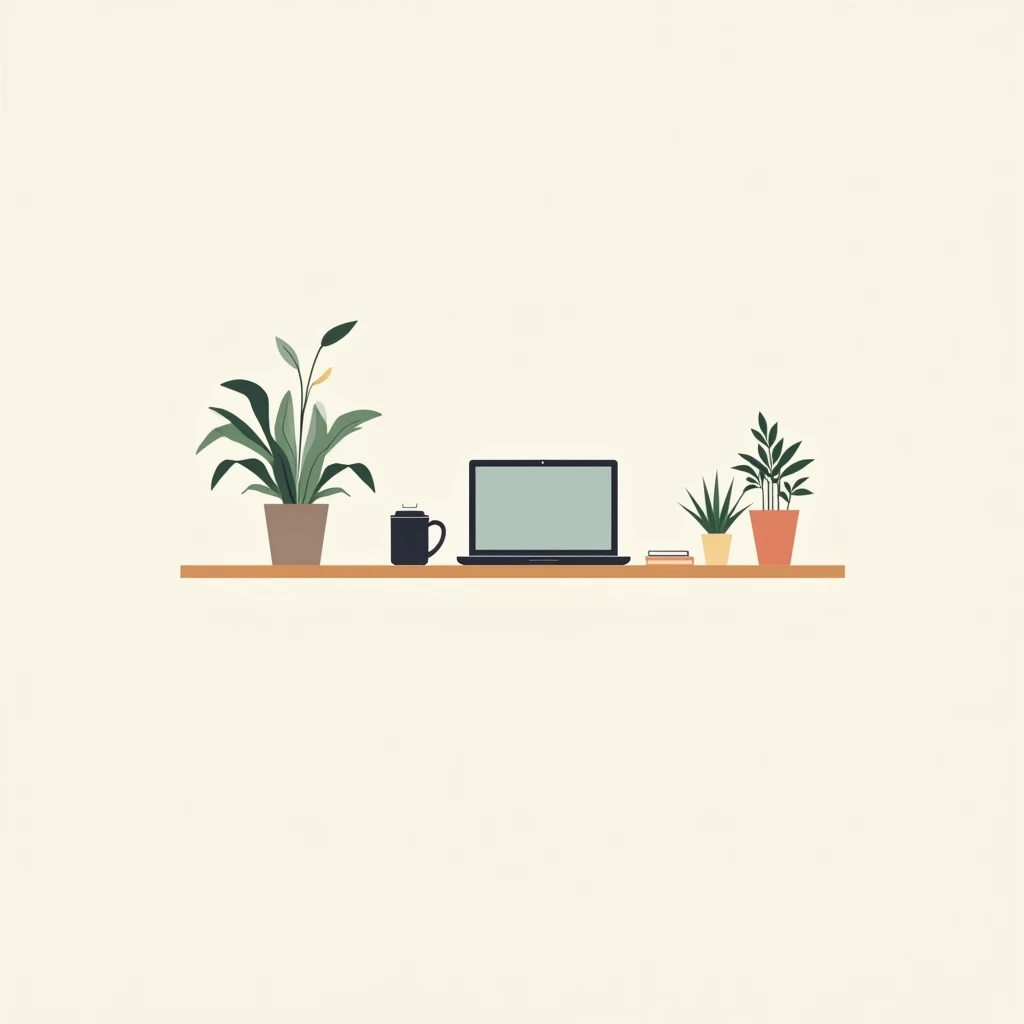 Minimalist vector illustration of a modern office workspace with a laptop, coffee cup, and plants, clean lines, neutral color palette, flat design