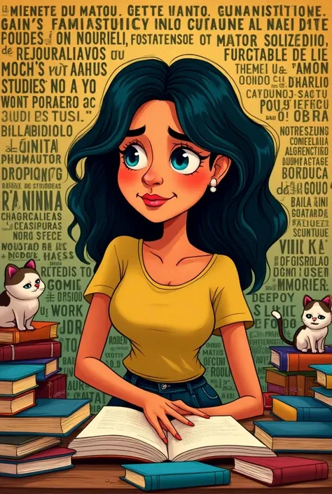  Happy and tired Brazilian woman with the background of the image with words in Portuguese: tiredness,work, Studies, Family, pressure on the future , Love relationship, " above all I want to save you from me ".  Cartoon of books and cats  