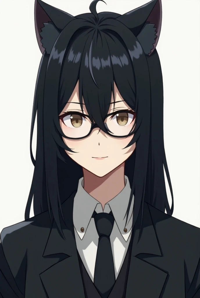 An anime character " black hair in the shape of cat ears" Oxxo " with glasses" Faceless" la mitad del cuerpo "  Mans body 