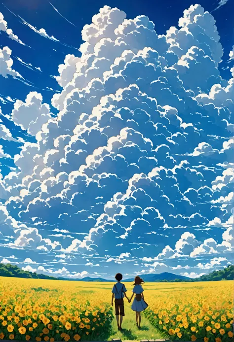 Draw simple art in the Tintinpixai style, a couple in love in a large field full of flowers with clouds in the sky, Amazing sky, Stunning photo, Epic and impressive, Crossing the blue horizon, beautiful anime peace sce anime-realistic anime-realistic!! ! !...