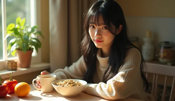 A realistic photograph of a young woman in her late 20s, with long black hair and green eyes, of Asian descent, sitting at a cozy breakfast nook, enjoying a bowl of oatmeal with fresh fruit and a cup of herbal tea, with a serene and content expression. The...