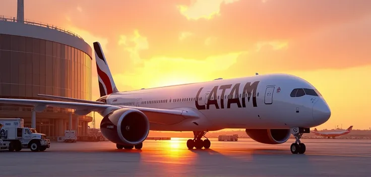 A 3D render of a LATAM Airlines Airbus A350 parked at an international airport during sunrise, with the warm light illuminating the planes sleek design and the airport terminal in the background.