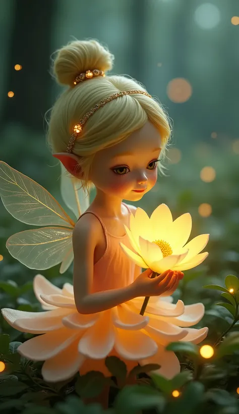  wearing a flower-shaped dress that shines in soft yellow and pink hues 、 a little magical forest baby fairy gently holds a flower that emits light、 its petals give off a warm light 、Its a quiet and mysterious scene 、 gentle smile、 tying her golden hair in...