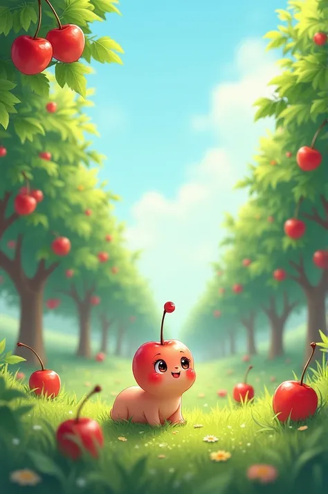  An illustration of a small and curious cherry hanging from a tall branch ,  observing the vast orchard around them for the first time . With a timid smile and bright eyes ,  she looks at the horizon with admiration .  Other cherries are relaxed on nearby ...