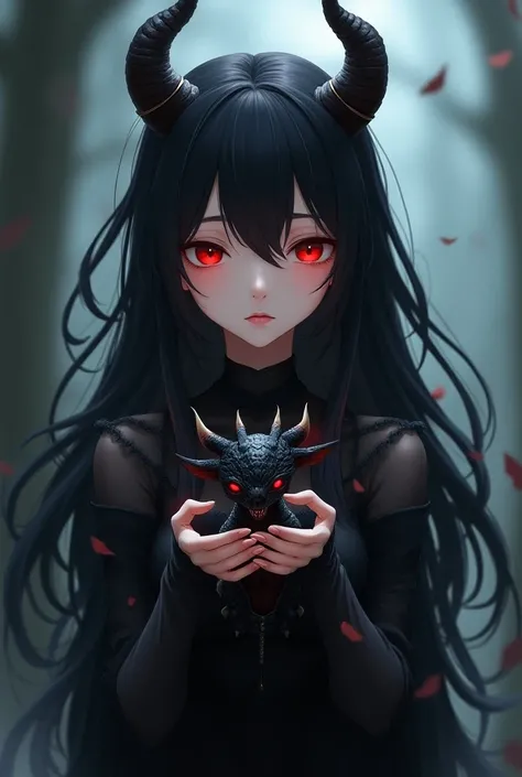  Demon girl in anime style  .  with long black hair. with red eyes. With black horns .  Holds a little dragon in her arms. 