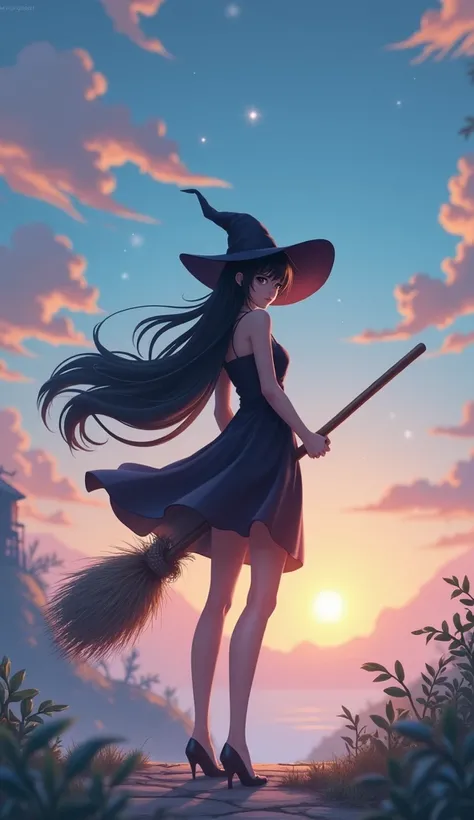 Black dress witch girl standing with broom in front of a big hut in jungle village