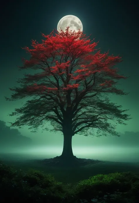 "A mysterious, moonlit scene with a tree standing at a slight distance from the viewer. The tree’s dark green leaves are shadowed, while its branches and smaller twigs glow softly in a luminous red, as if illuminated from within. Pale moonlight filters thr...