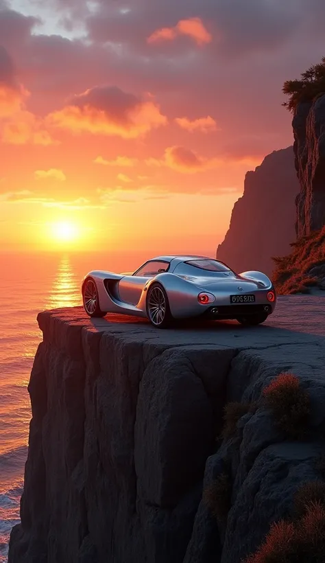 Morgan Aero 8, Beautiful sunset. The sleek car was parked on the edge of a cliff overlooking the endless ocean. The metal body of the machine shone in the bright sun, reflecting the colors of the surrounding landscape. The cars long, curved lines gave it e...