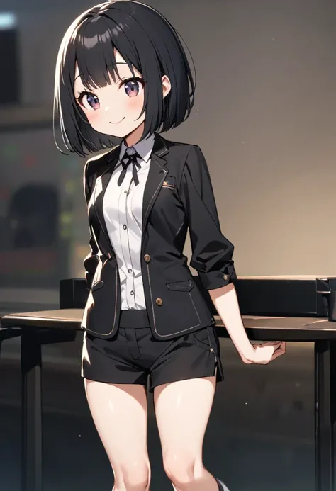 Black Hair　 bob cut from the front　 straight hair 　 small breasts　pants style
small butt　blazers　Black shorts　乳首が出ている
 small breasts　 body type　Adorable　smile　