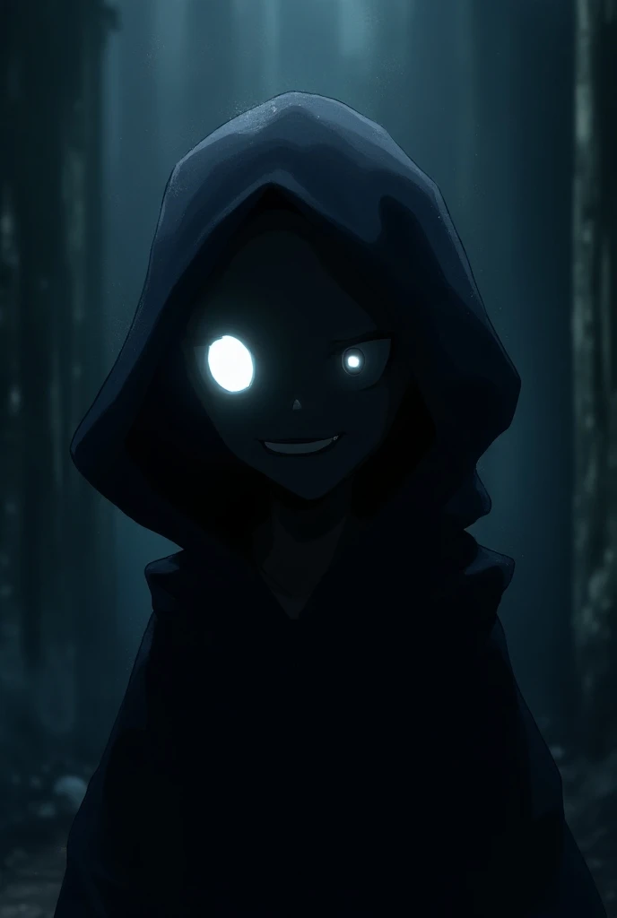 I want a anthropomorphic shadow man in anime style, bright withe eye, we can only see his eye and mouth man