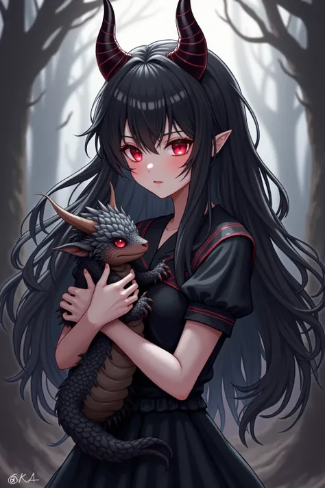  Demon girl in anime style  .  with long black hair. with red eyes. With black horns .  Holds a little dragon in her arms. 