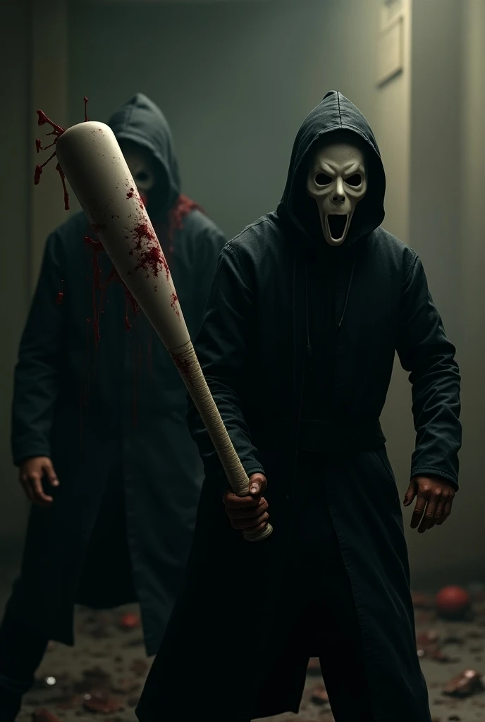 Give me an animated image of the purge with 2 people wearing purge masks and a bat in their bloodiest hand  