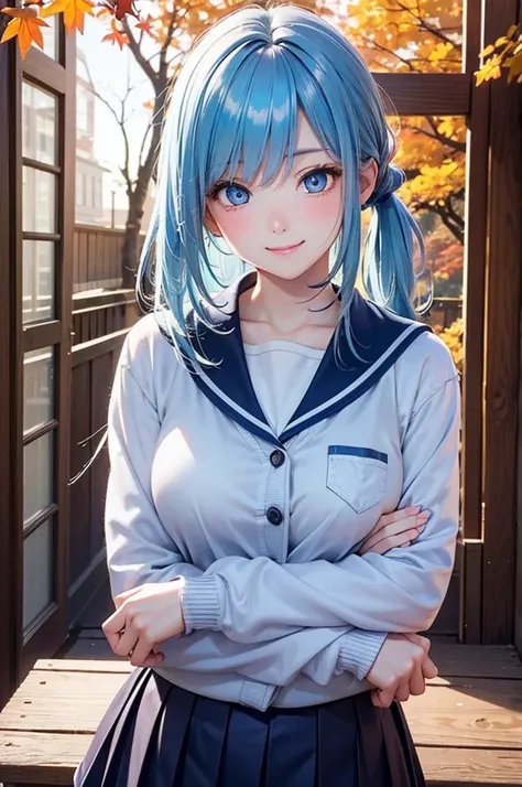 ( Best Quality, Hi-Res,8k,inelity detailed background, Masterpiece:1.2), Beautiful Girl,( glossy light blue hair:1.3),(long hair:1.2) ,pony tail,Beautiful light blue eyes,Big Breasts,autumn,school uniform,black cardigan,skirt,black tights,(zettairyoiki:1.2...