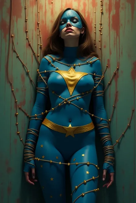 Superheroine with light brown hair wearing skintight blue body stocking her nipples protruding with gold stars on her outfit and a gold lighting bolt her chest and wearing a blue mask and a small cape. She’s very weak and sleepy in a funhouse. She’s been b...