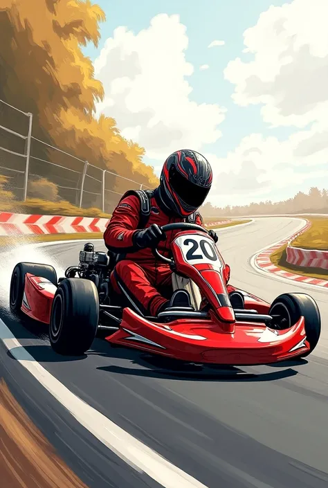 - The picture is in drawing style
- PlsChampion is in the top half
Create a picture of a racing kart with a 20 on the chassis,  the kart is on a racetrack ,  the driver is wearing a red black racing suit and wearing a black helmet with red stripes and he i...