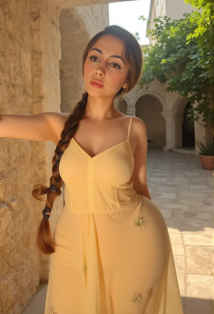 the photograph captures a pakistani woman in a delicate sundress, standing with her side facing the camera in an outdoor setting...