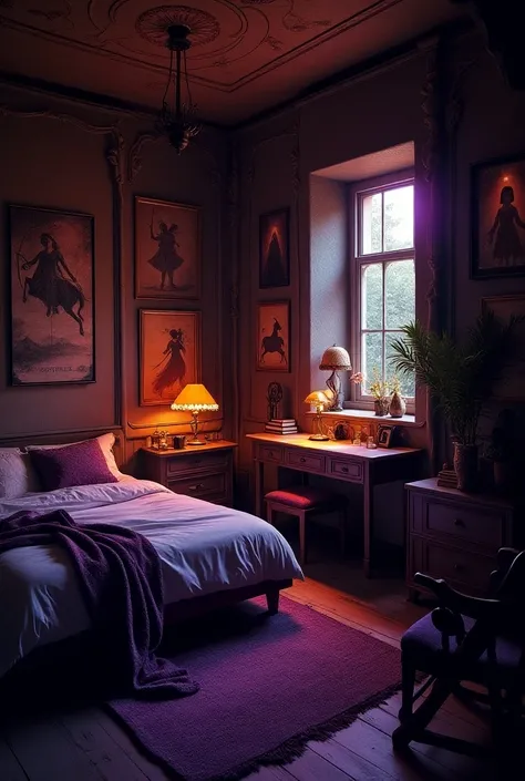 create a bedroom for a Sagittarius person, they value self-knowledge and personal growth, based on the colors violet and orange, an environment with Sagittarius decoration elements, symbolism, astrology, intimate light, dramatic light, dim light, completel...