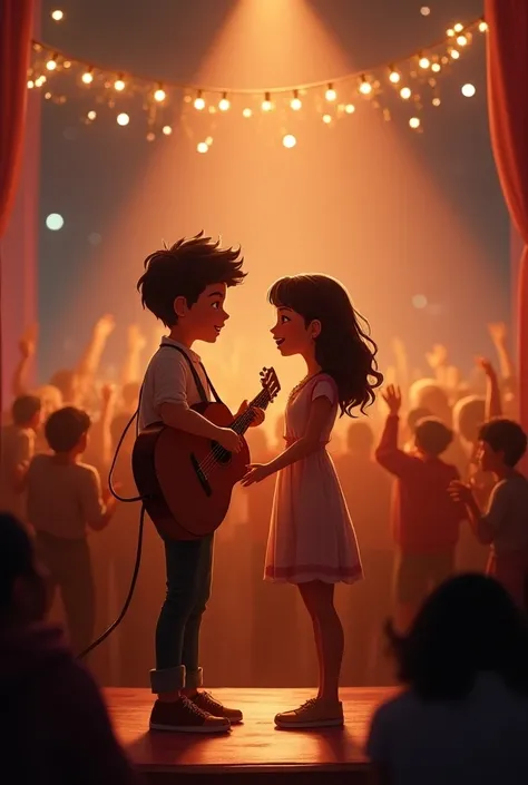 A boy and a girl falling in love while they sing with the boy who plays the guitar and people applauding around