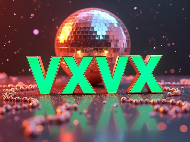 A banner that says VXVX in green and that has the background as if you were on a disc with champagne and diamond chains