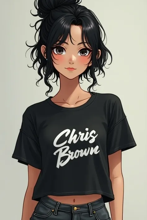 girl, 35 years old,  I have wavy black hair , But I wear a bun  ,  I dont have bangs and I have hair shaved at the bottom, tipo undercut, Slapped eyes like Japanese , Chris Brown t-shirt , white sneakers