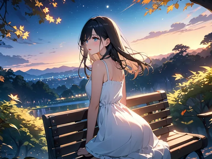 Late Night、 full of stars、雪だるま,The moon is beautiful 、(masterpiece, Best Quality:1.2), Illustration, anime, (Wide Shot), Model shoot, One girl, (Under the arms), Long black hair, Pretty lips, Beautiful Face, beautiful eyes, White sundress, Backlight, Vibra...