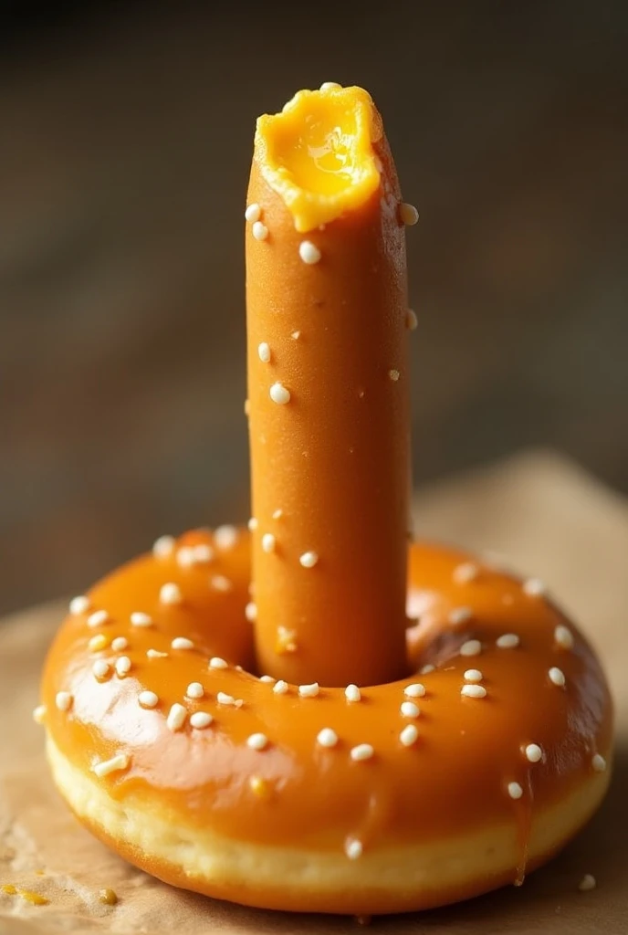 I want a donut, that inside the center of the donut, there is a corn dog protruding in the middle of the donut, that the tip of the banderilla is with a bite and that it is dripping cheese from the tip of the banderilla, make it realistic