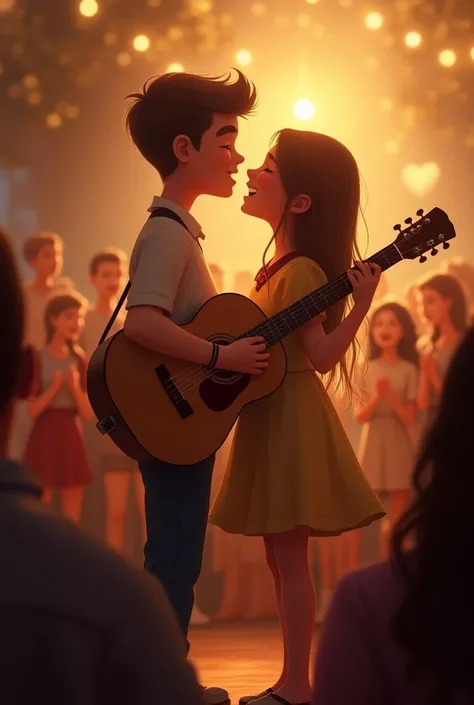 a boy and a girl falling in love while they sing with the girl who plays the guitar and people applauding around