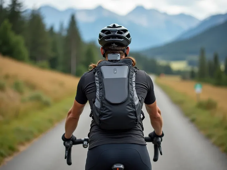 "An adventurous cyclist riding along a scenic road surrounded by nature, with visible technological elements such as a bike computer on the handlebars, a smartphone mounted on a holder for navigation, and a GPS device visible on a backpack. The cyclist is ...