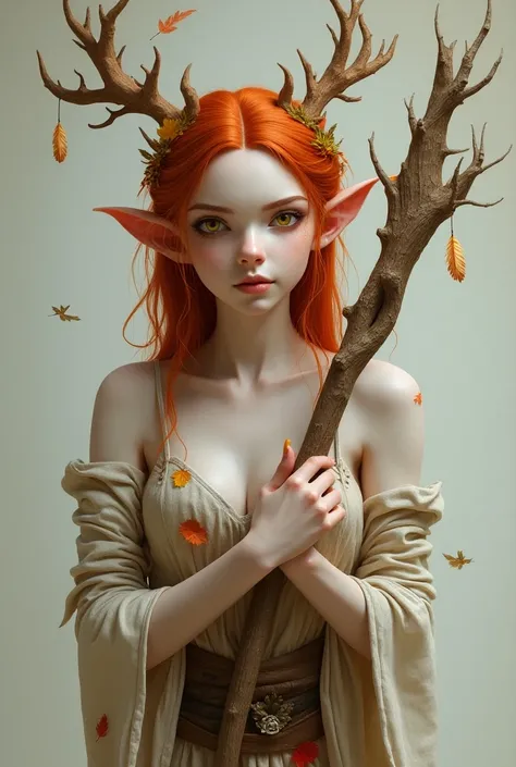 An elf has pale skin ,  with barely shoulder-length red hair , ayant sur la tête des petits bois semblable a ceux dun cerf et étant orné de feuilles dautomne, Having yellow eyes and having dark eye circumference, Her ears being thin, vêtu dune tenue légère...