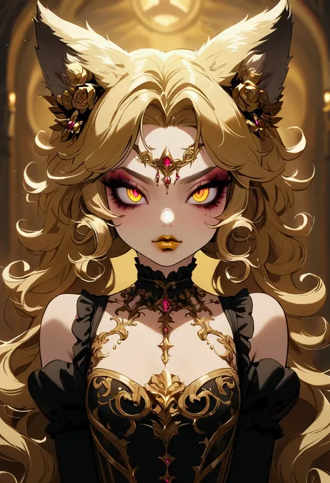 cute femboy, wolf ears, golden short curly hair, demonic eyes, golden makeup, golden lips