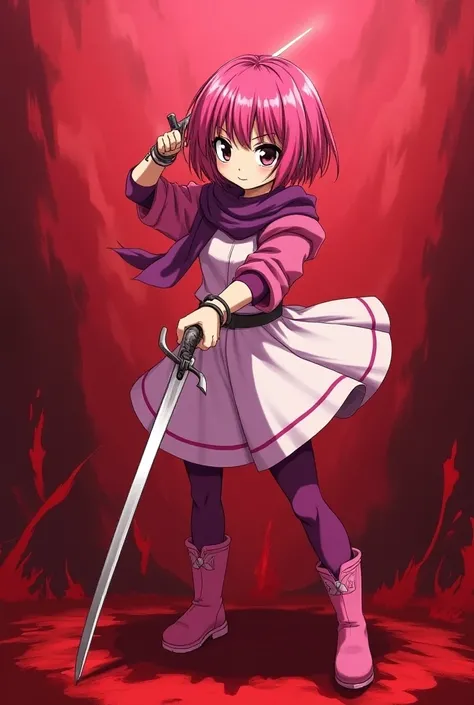 cute anime teenage girl with fuchsia short straight hair, hazel eyes, fuchsia plain dress, fuchsia sleeves, magenta stockings, purple scarf, pink boots, black bracelet, holding fencing sword, bloody background,