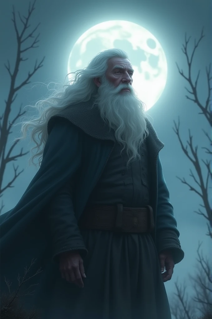 Old-fashioned white-haired man standing in the moonlight