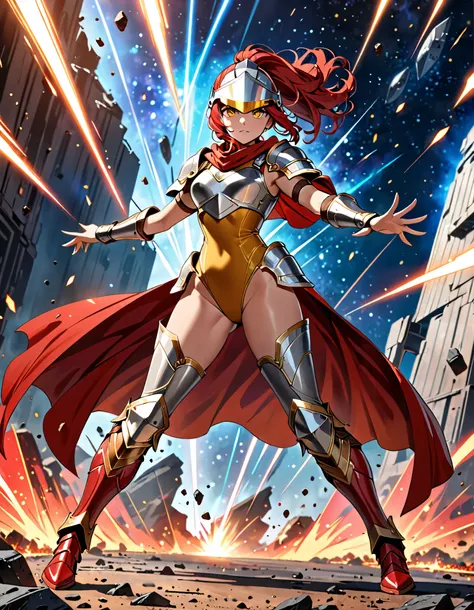 (masterpiece), (best quality), (high res), (dynamic villain pose), (solo, solo focus), standing, roman, red hair, beautiful detailed eyes, (a woman in a brown and yellow costume and red cape), ((leotard, bare legs)), (greaves, helmet, shoulder armor, breas...