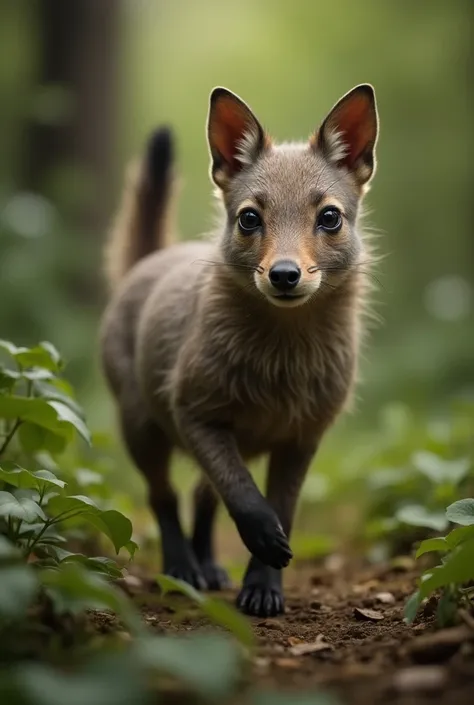 "Generate an image of a hybrid creature that combines an Agouti and an Aidi (a breed of dog known for its herding abilities). This imaginative creature features the compact, agile body of the Agouti, characterized by its short legs and sleek fur, while inc...