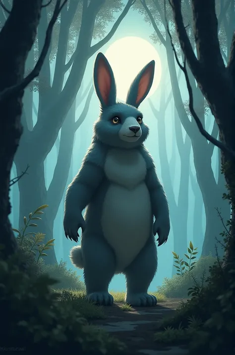 "Deep in an ancient forest at twilight, a mystical hybrid creature stands in a clearing where moonlight filters through the towering trees. This creature is a blend of a rabbit and a bear: its large, muscular body covered in soft fur, with powerful, sturdy...