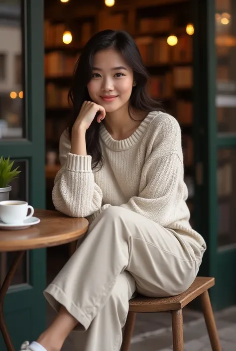 Perfect body asian lady Outfit: Cozy, oversized knit sweater in a neutral shade, paired with high-waisted trousers and classic sneakers or loafers.

Location: Outside a coffee shop or in front of a bookstore, seated at a small table with a coffee cup as a ...