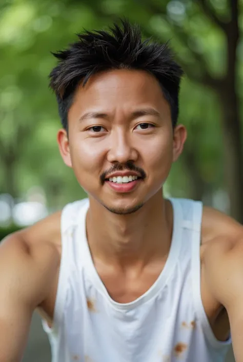 close up photo of a handsome Asian man in his 20s with short spiky hair and a wet face, wearing a tank top with sweat stains, sitting relaxed on a bench outdoors after jogging, with trees in the background