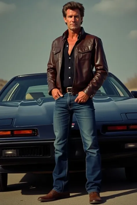  Michael Knight played by David Hasselhoff at 28,  looking straight ahead, your car  "Kitt" next to him, The entire car can be seen from the front