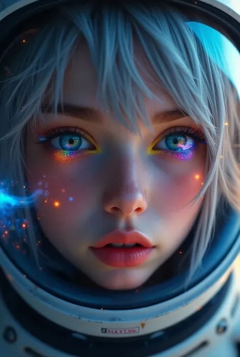  Close-up of an improved masterpiece:1.5)0.9], (Space and astronauts:1.2) ( Messy silver hair :1.1) (heterochromia:  xanthochromia and blue eyes :1.2) (Space helmet:1.0) ( Colored stars in the eyes:1.0) (A radiant glow:1.1) ( Thick lips:0.9)