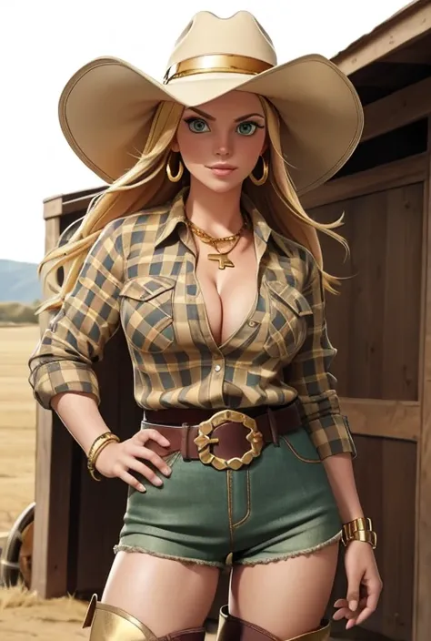 (score_9, score_8_up), a blonde woman, farmer, green eyes, voluptuous body, cowboy hat, plaid shirt, cleavage, shorts, high boots, belt with large buckle, gold earrings, gold necklace, gold bracelets,