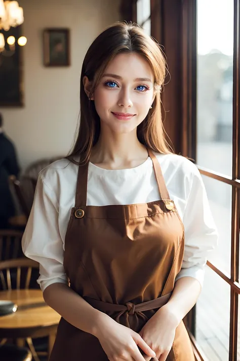 (Best Quality、 The table top covers the upper arms 、8k、Best Quality、Award-winning works)、Woman working at a cafe、(  beautiful mature Russian beauty  :1.3)、(Mature Russian beauty in her 40s :1.2)、(blonde:1.2)、(The perfect brown apron:1.1)、(The perfect brown...