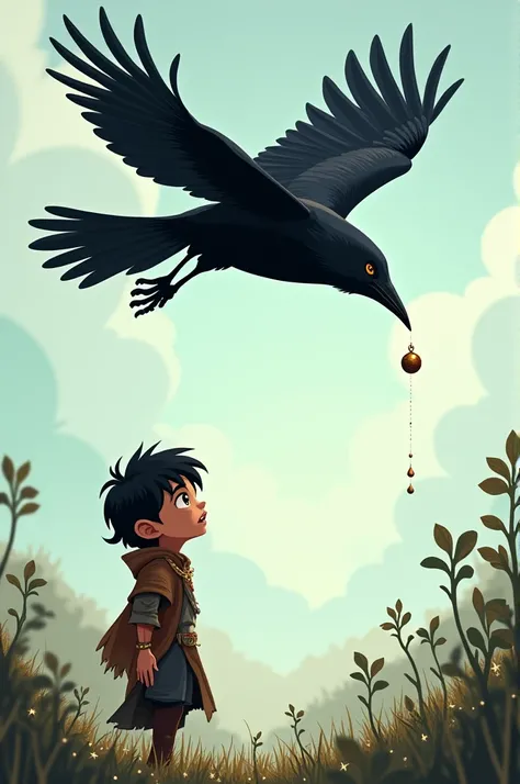 An illustration of the crow flying away, with a small, shiny stone dropping from its beak, and Rohan looking on in wonder.