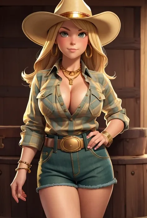 (score_9, score_8_up), a blonde woman, farmer, green eyes, voluptuous body, cowboy hat, plaid shirt, cleavage, shorts, high boots, belt with large buckle, gold earrings, gold necklace, gold bracelets,