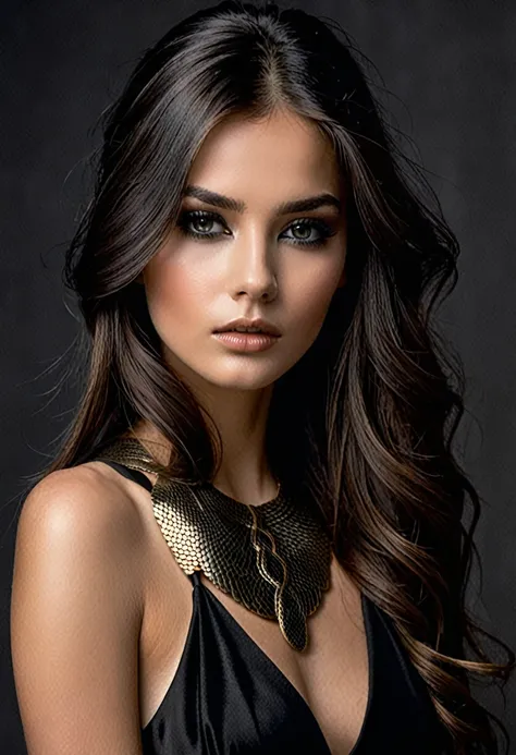  I want a young woman who looks 21 years old ,  she has long hair , smooth and dark . Your eyes are green. your skin is white,  with shades of bronze .  Her eyes convey mixed feelings of serenity and fear. The background of the image is gray ,  matching th...