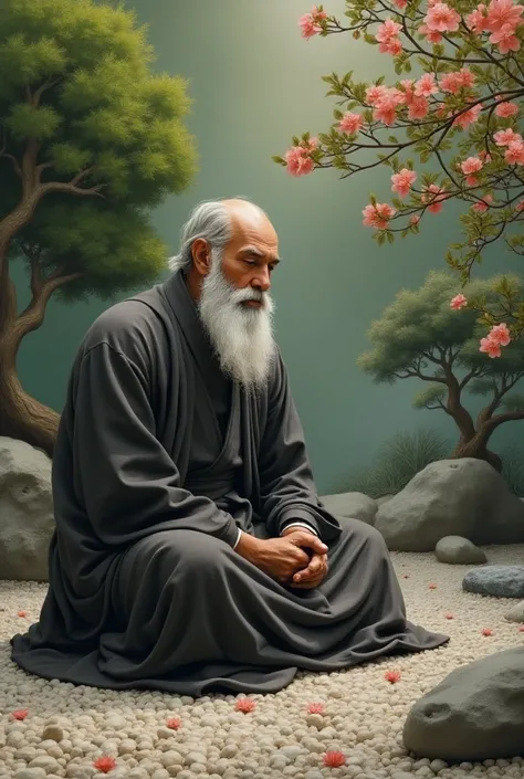 A Stoic Philosopher Contemplating Nature in a Zen Garden, surrounded by trees and flowers, oil painting style.