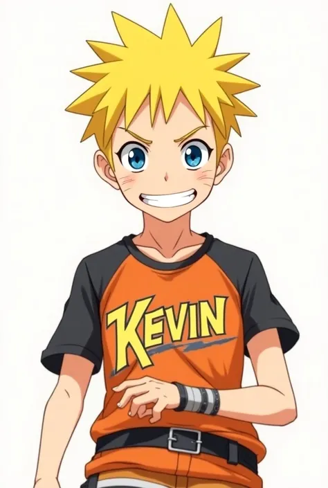 Naruto wearing a ,  shirt with the letters Kevin 