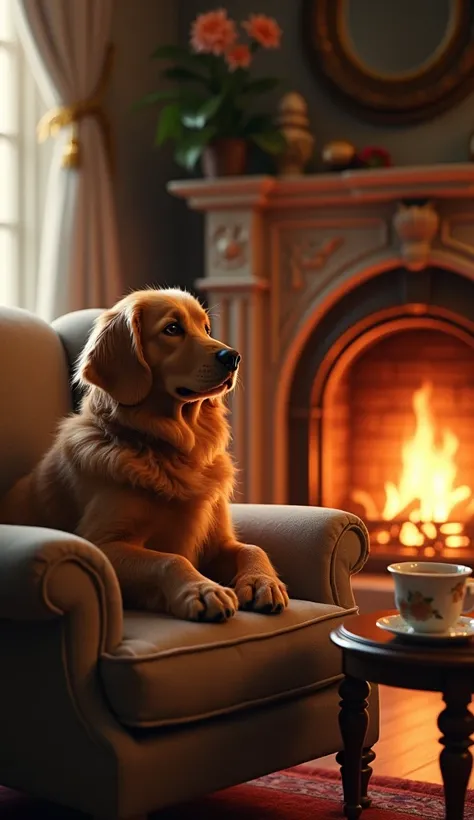 A pretty dog sits in a cozy chair with a cup of tea and looks at the burning wood in the fireplace